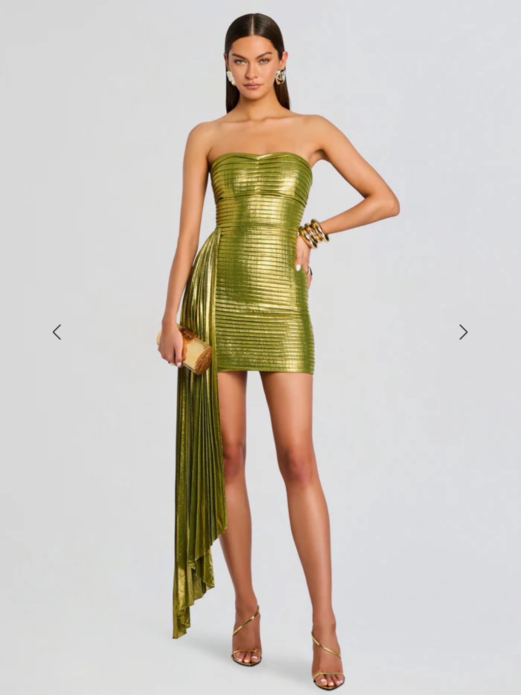 Marcy Dress. Retrofete Metallic Peridot Strapless Dress With Draped Sash